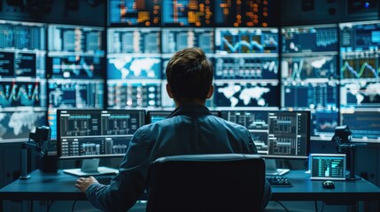 Poster - Male system control center operator Working with Multiple Screens Showing Technical Data at workplace. Generative AI.