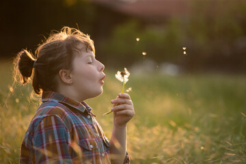 Wall Mural - Cute little girl having fun in a dandelion field