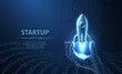 Startup. Rocket start from digital hand. Fast web development