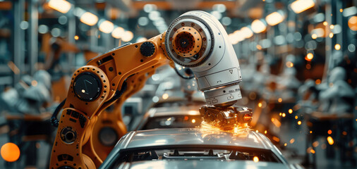 Poster - Industrial robot arm assembling a car part in a factory, soft focus on the robot. Generative AI.