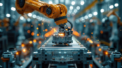 Poster - Industrial robot arm assembling a car part in a factory, soft focus on the robot. Generative AI.