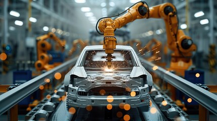 Poster - Industrial robot arm assembling a car part in a factory, soft focus on the robot. Generative AI.