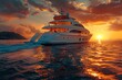 Luxury yacht, sunset, secret compartments, wide-angle lens, high-saturation, cinematic