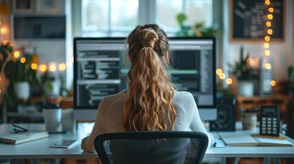 Leinwandbilder - Female computer programmer working on screens, sitting at desk in start up office. Generative AI.