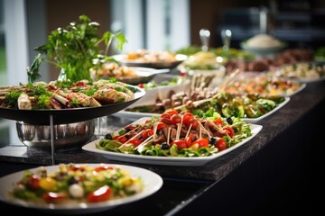 Wall Mural - Catering buffet food indoor in luxury restaurant with meat and vegetables.