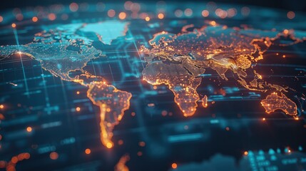 Poster - World map on virtual screens, internet technology. Generative AI.