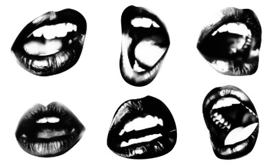 pop art mouth elements. grunge black and white open mouth with tongue. trasparent background with vi