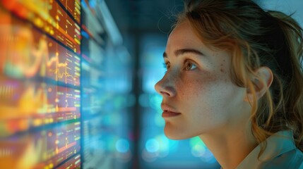 Fototapete - Female administrative employee watching a large screen showing results market trends and demand analysis. Generative AI.