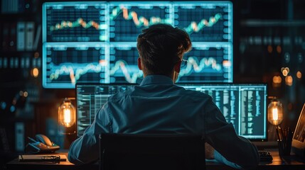 Poster - Investor sitting in the dark behind the desk and watching the graph on screen. Generative AI.