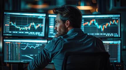 Poster - Investor sitting in the dark behind the desk and watching the graph on screen. Generative AI.