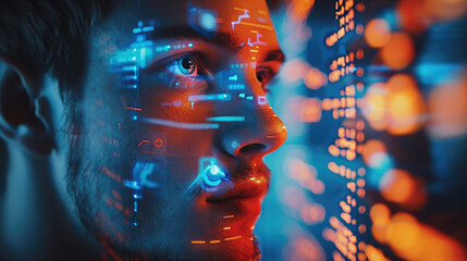 Poster - Information technology with holographic with man. Generative AI.