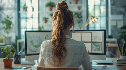 Aufkleber - Female architect sitting in a bright office with computer screens at modern workspace. Generative AI.