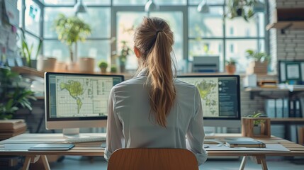 Aufkleber - Female architect sitting in a bright office with computer screens at modern workspace. Generative AI.