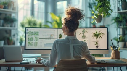 Wall Mural - Female architect sitting in a bright office with computer screens at modern workspace. Generative AI.