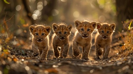 Canvas Print - A group of four baby lions walking together in a forest, AI