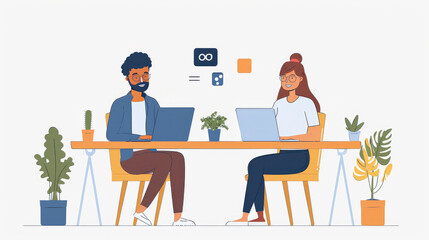 Leinwandbilder - Vector illustration style, Two people sit at their desks and think, Holding a laptop and a mobile phone, Next to them sat two employees who looked happy, White background. Generative AI.