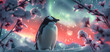 Penguin with northern light. Generative AI.
