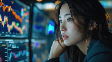 Poster - Japanese woman looking dynamic graphs, focused trader at computer, feeling of progress, high resolution, detailed financial charts, inspiring atmosphere. Generative AI.
