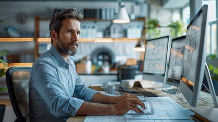 Aufkleber - Male architect sitting in front of 3 computer screens checking a construction plan at bright office, modern workspace. Generative AI.