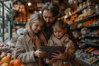 Man and two girls taking a photo with tablet in natural foods retail store