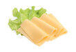 Slices of tasty fresh cheese and lettuce isolated on white