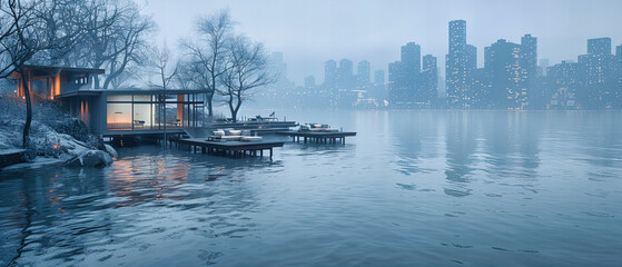 Wall Mural - Foggy City Morning, Urban Skyline with Skyscrapers and Nature, Atmospheric Landscape, Travel and Architecture