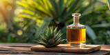 Fototapeta Natura - Bottle of tequila and agave plant on wooden board outdoor