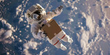 Fototapeta Natura - Astronaut with cardboard box delivery in space