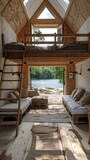 Fototapeta Na ścianę - camping hut interior open to a natural landscape