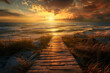 sunset on the beach, landscape with pier