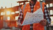 Close-up of engineer with blueprint at construction site, morning light, sharp 4K realism