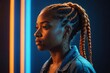 Depressed african american young woman with orange braids contemplating while standing against blue neon glowing light