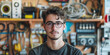 © Oleksandr - young man with glasses in front of an electronic equipment repair shop, business concept