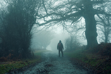 Wall Mural - A hiker back to camera,. Standing in a wood on a spooky foggy winters day. Trees silhouetted by the fog.