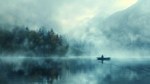 Generative Ai Illustration Of A Lonely Boat With A Fisherman In A Misty Lake In Japan