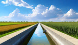 A concrete canal with irrigation water (diminishing perspective), in a rural scene on the plain, surrounded by agricultural fields with crops, blue sky and clouds on background. Generative Ai.