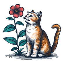 Cat Looking At A Beautiful Flower Illustration
