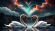 A pair of white swans in love on the lake and reflection on the water	