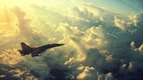 Fototapeta  - Military fighter jet fly in the sky above clouds