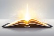 An open e-book emitting a radiant beam of light, symbolizing the concept of e-learning and knowledge enlightenment.