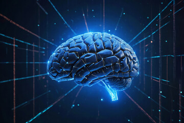 Wall Mural - A futuristic model of the human brain connected to a digital network. Futuristic A blue brain is shown in front of a network of dots