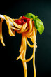 fork with Italian pasta spaghetti noodles tomato and basil macro close up on black background 