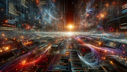 Visualizing a cyberspace odyssey with abstract patterns of code and elements of software development.