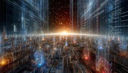 Visualizing a cyberspace odyssey with abstract patterns of code and elements of software development.