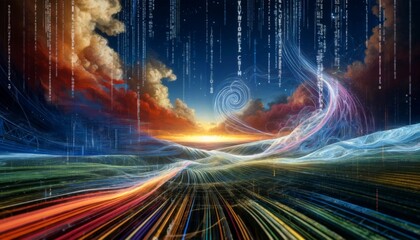 Visualizing a cyberspace odyssey with abstract patterns of code and elements of software development.