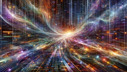 Visualizing a cyberspace odyssey with abstract patterns of code and elements of software development.