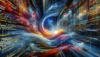 Visualizing a cyberspace odyssey with abstract patterns of code and elements of software development.
