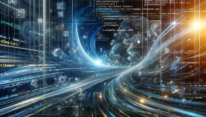Visualizing a cyberspace odyssey with abstract patterns of code and elements of software development.