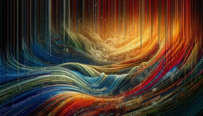 Visualizing a cyberspace odyssey with abstract patterns of code and elements of software development.