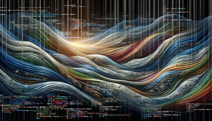 Visualizing a cyberspace odyssey with abstract patterns of code and elements of software development.